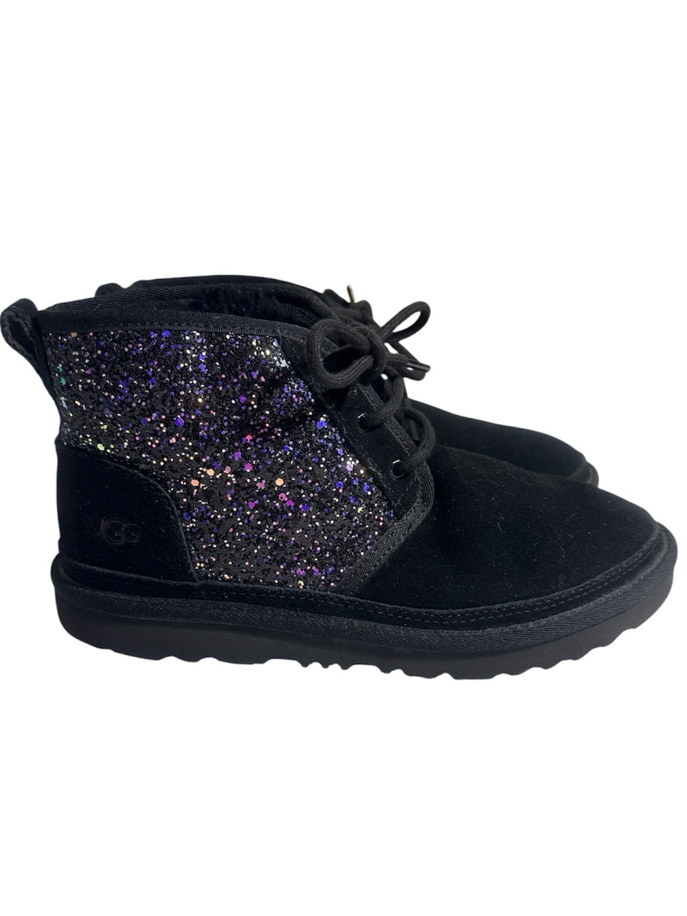 UGG Neumel II Cosmos boots black suede with purple glitter girls 6